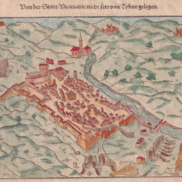 Mappa di Vicovaro, Roma, Lazio, Munster, dalla Cosmographia Universalis, 1614