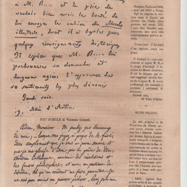 1870 Fac-simile di autografo di Gioberti, Pellico e Ristori