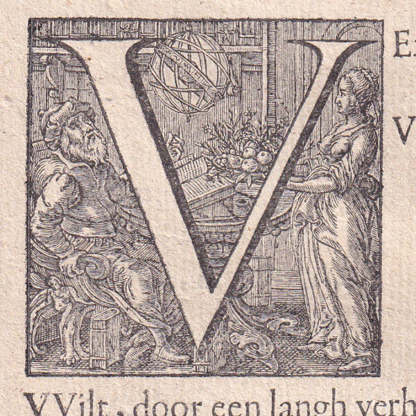 Capolettera, lettera V, xilografia del 1636