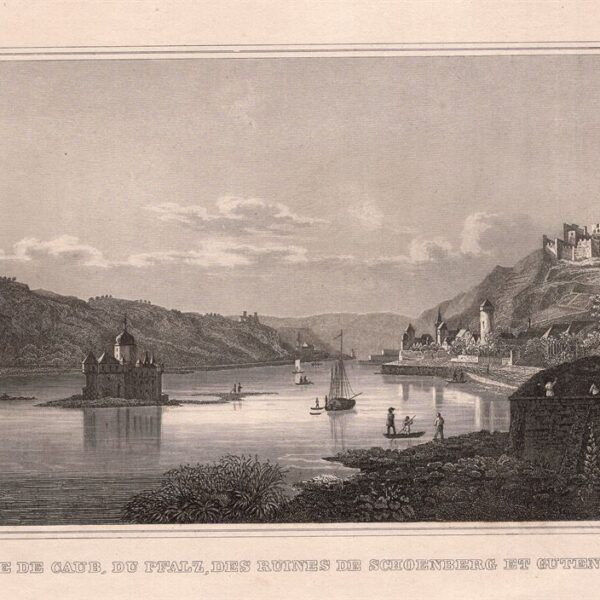Kaub, Vue de Caub du Pfalz des ruines de Schoenberg et Gutenfels, 1850
