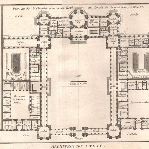 Architettura, pianta di un grand Hotel, disegno di J.F.Blondel, 1771