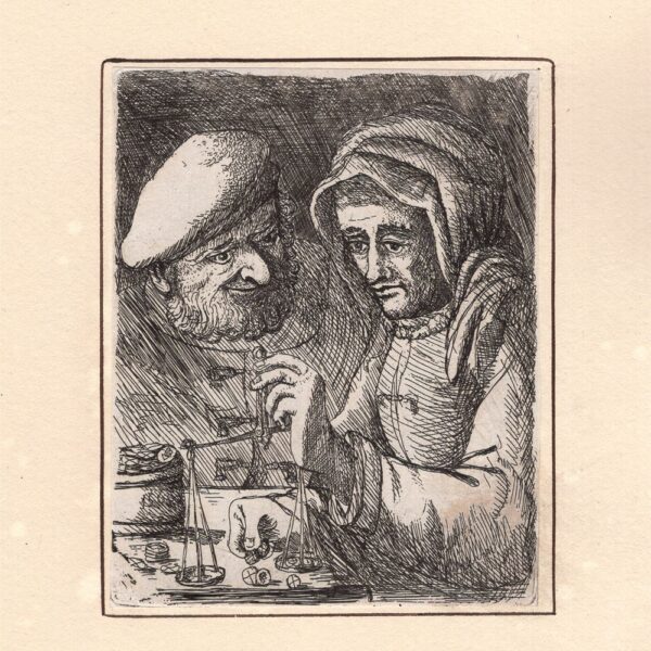 David Deuchar (1743-1808), Donna con velo e bilancino che pesa monete da A. Ostade