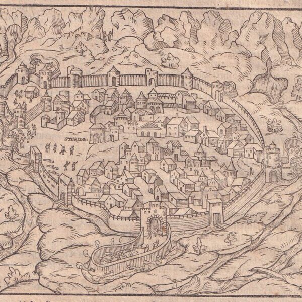 Mappa di Perpignan, Francia, da Cosmografia di S.Munster, 1614