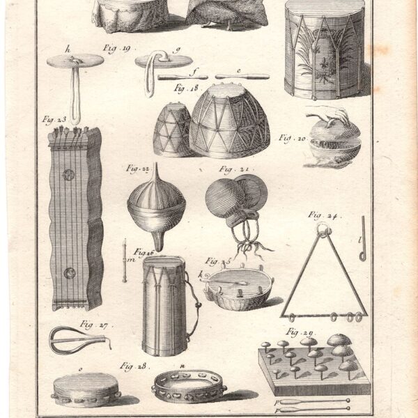 Diderot e D'Alembert, 1778, mestieri, liutaio, strumenti musicali antichi, tamburo