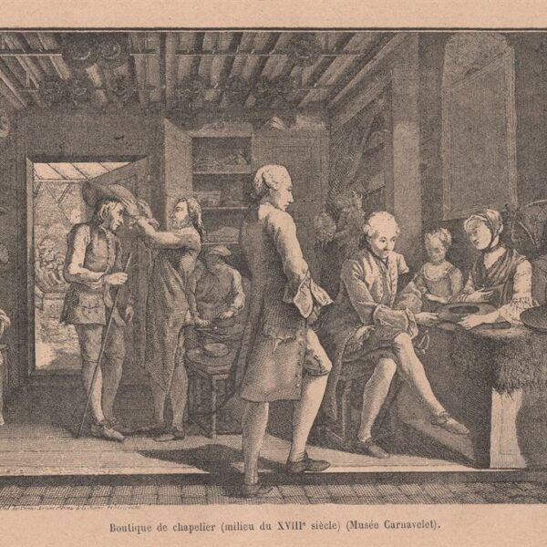 Boutique di cappellaio, xilografia dell'800