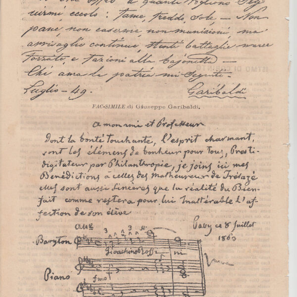 1870 Fac-simile di una lettera di Garibaldi e di Rossini