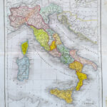 1838 Mappa dell'Italia e della Sicilia acquarellata Delamarche