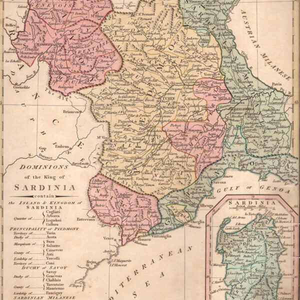 Sardegna Piemonte Italia settentrionale mappa di R. Wilkinson 1808 colorata coeva