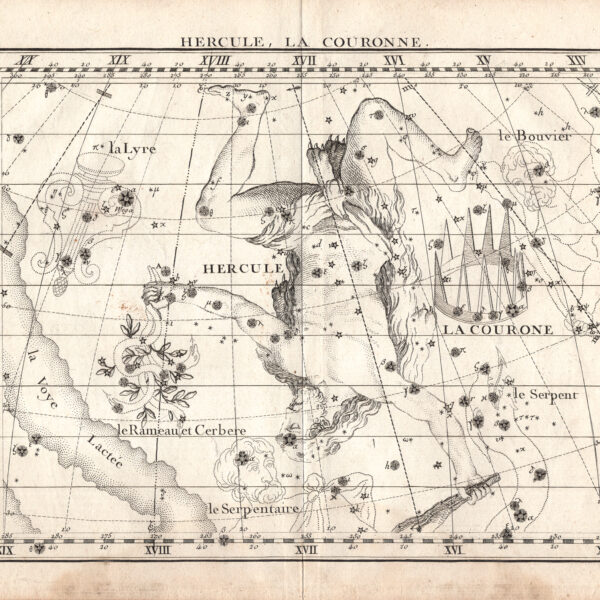 John Flamsteed - Carta celeste o astronomica Costellazione Ercole Zodiaco 1776