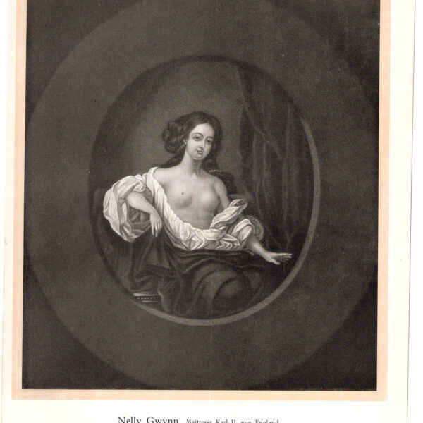 Nelly Gwynn, amante di Carlo II d'Inghilterra Incisione su rame inglese da un dipinto di Lely