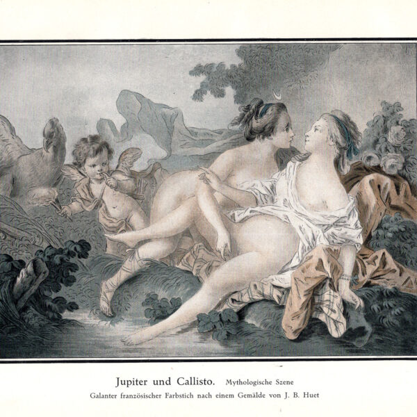 Giove e Callisto.  Scena mitologica  Incisione a colori francese galante da un dipinto di J. B. Huet