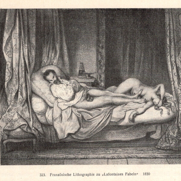 Litografia francese per "Le favole di Lafontaine" 1830 stampa erotica