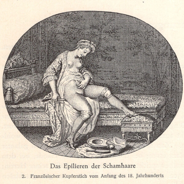 Epilazione dei peli pubici Incisione su rame francese dell'inizio del XVIII secolo stampa erotica