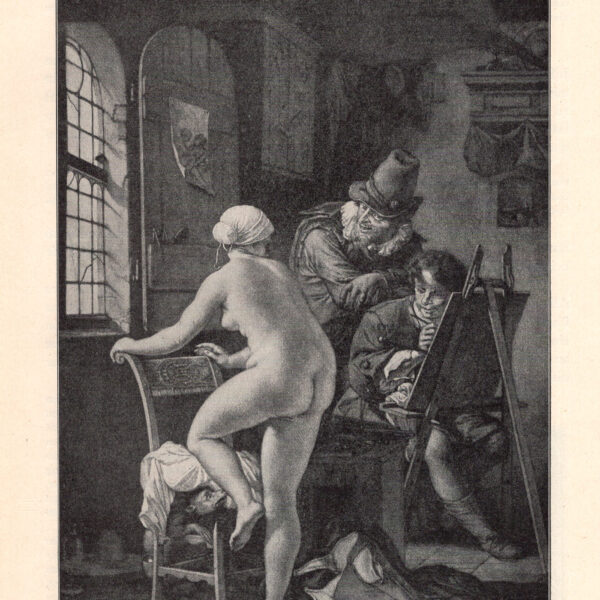La bella modella e il visitatore lussurioso  Incisione di N. Verkolje, da un dipinto di A. Houbraken. Circa 1720 stampa erotica