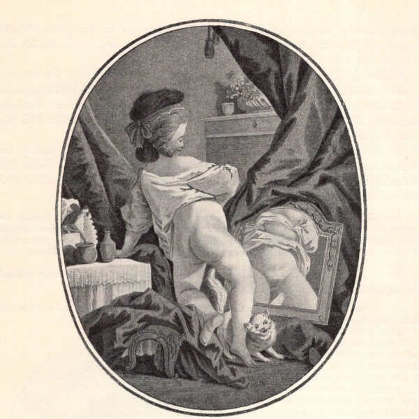 Lo specchio bello. Incisione a colori galante stampa erotica