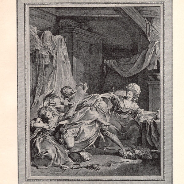 Barzellette pericolose. Incisione francese di Voyer da un'immagine di Touze stampa erotica