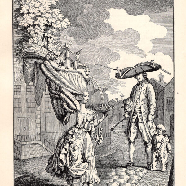 Caricatura della moda francese con acconciature alte