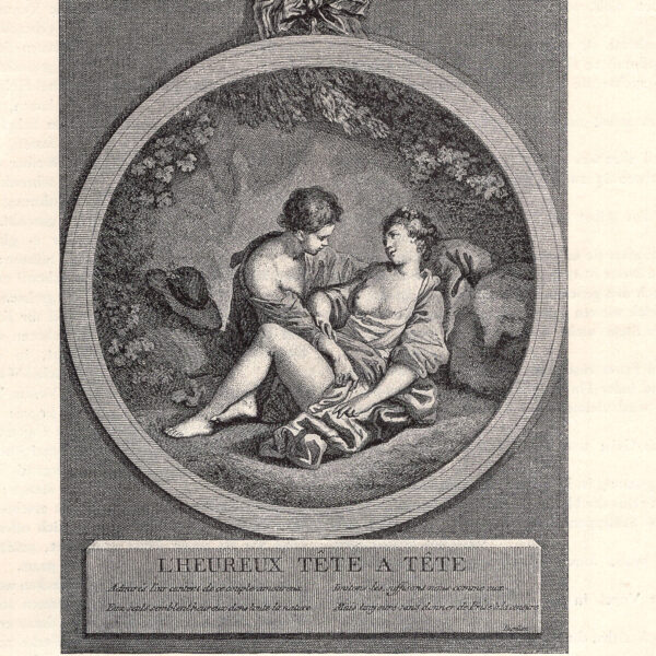 Il felice tête-à-tête Incisione francese di Demouchy da un dipinto di B. Lang stampa erotica