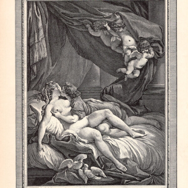 Il momento felice. Incisione francese di Vidal. stampa erotica lesbismo