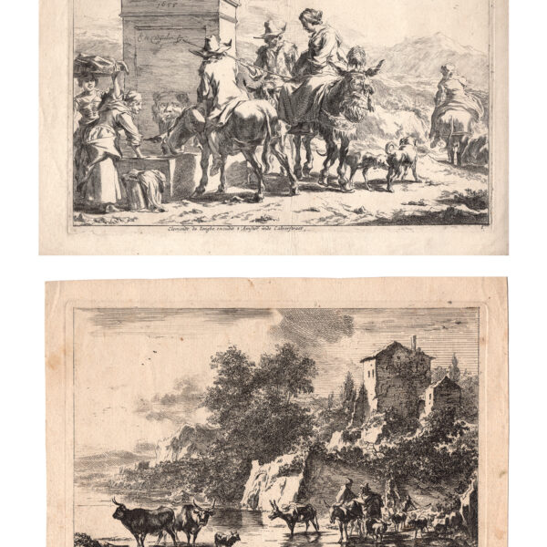 Nicolaes Berchem (o Berghem) (XVII) - Contadini alla fontana e Buoi e animali al fiume, 1655