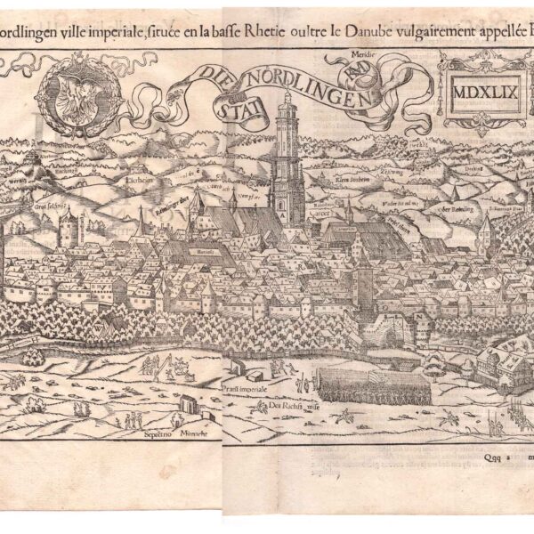 Antica mappa di Nördlingen Germania Cosmographia Universalis Kandel 1556
