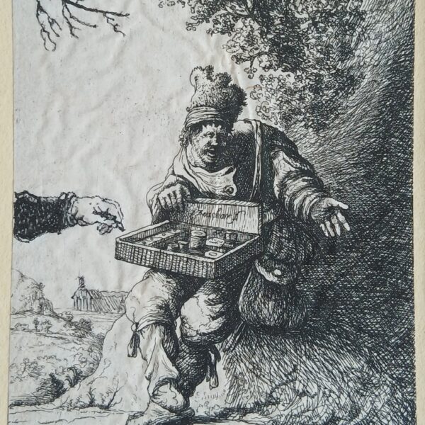 Il Venditore Ambulante, da Jan Van Vliet, incisa da David Deuchar, con intervento artistico di Filippo Mattarozzi