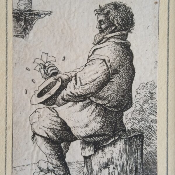 Mendicante che chiede elemosina, da Van Ostade, incisa da David Deuchar, con intervento artistico di Filippo Mattarozzi