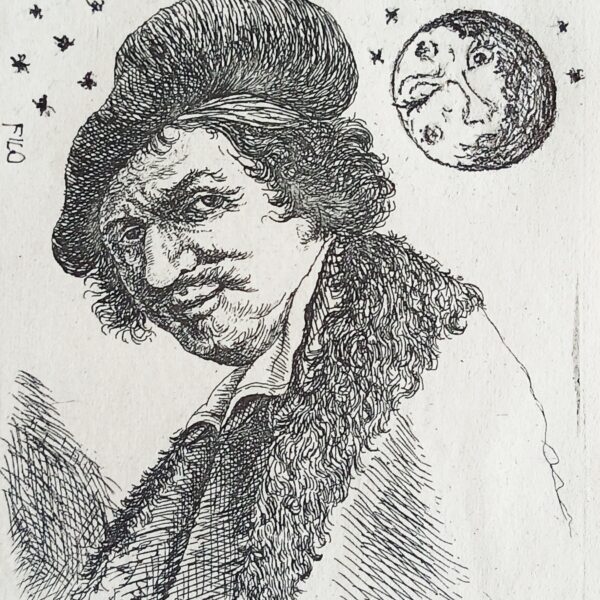 Il lato oscuro della Luna, da Rembrandt, incisa da David Deuchar, con intervento artistico di Filippo Mattarozzi