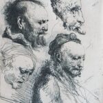 Quattro studi di teste di vecchi, da Rembrandt, incisa da David Deuchar, con intervento artistico di Filippo Mattarozzi