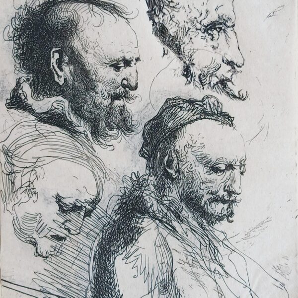 Quattro studi di teste di vecchi, da Rembrandt, incisa da David Deuchar, con intervento artistico di Filippo Mattarozzi