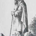 Vecchio con mantello con cappuccio appoggiato a un bastone, da Rembrandt, incisa da David Deuchar, con intervento artistico di Filippo Mattarozzi